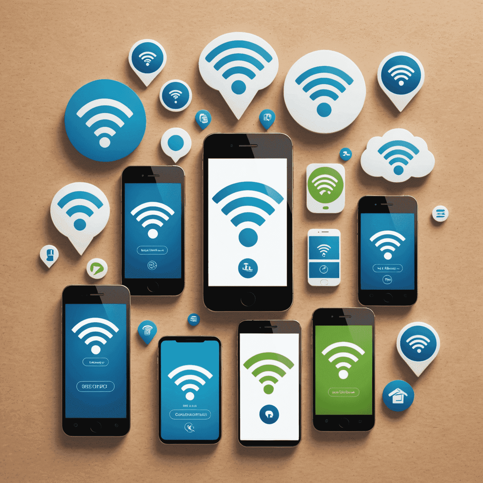 Layered graphics showing mobile phones, wifi symbols, and data icons representing various top-up services