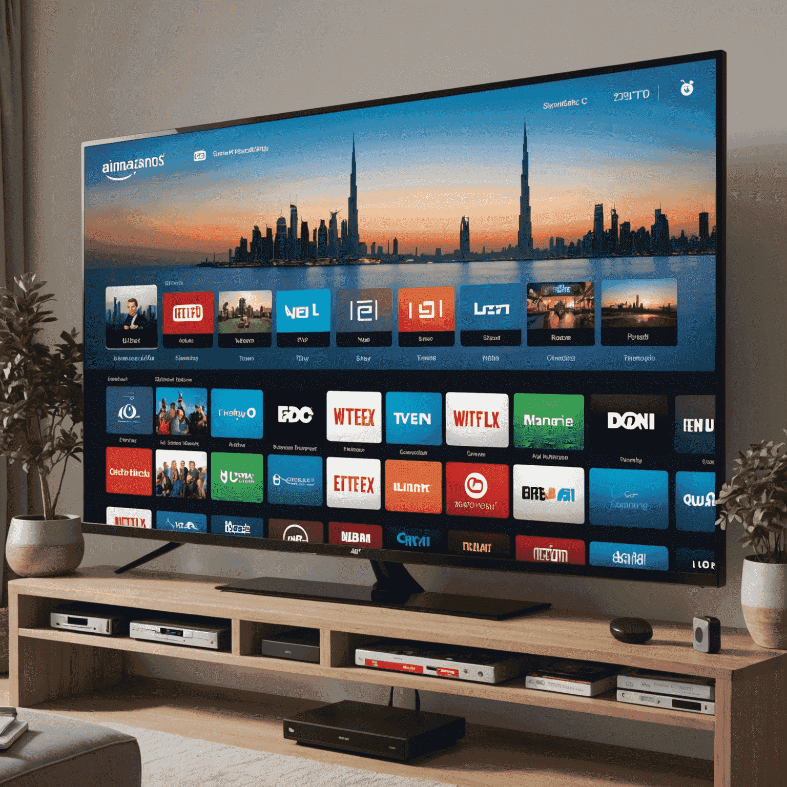 Smart TV displaying various streaming services and TV channels available in UAE, with a remote control nearby